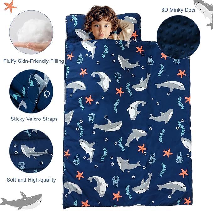 PHF Toddler Nap Mat with Removable Pillow and Minky Fleece Blanket, Rollup Design Warm Slumber Bags for Boys, 52"x20"x2" Kids Sleeping Bag for Daycare Preschool Travel Camping, Shark