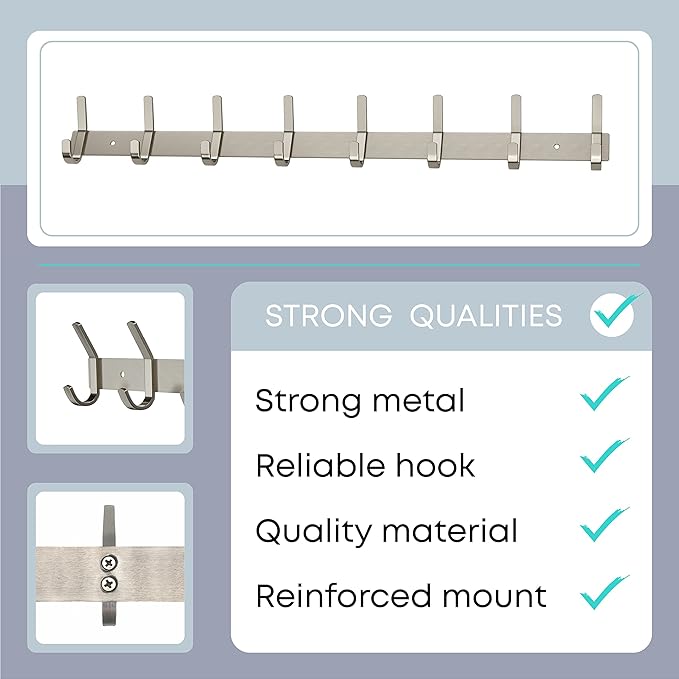 SAYONEYES Coat Rack Wall Mount – Brushed Nickel 24 Inch Stainless Steel Hook Rail with 8 Heavy Duty Double Coat Hooks – Wall Mounted Coat Hanger for Entryway, Bathroom, Bedroom, Towel, Hat Organizer