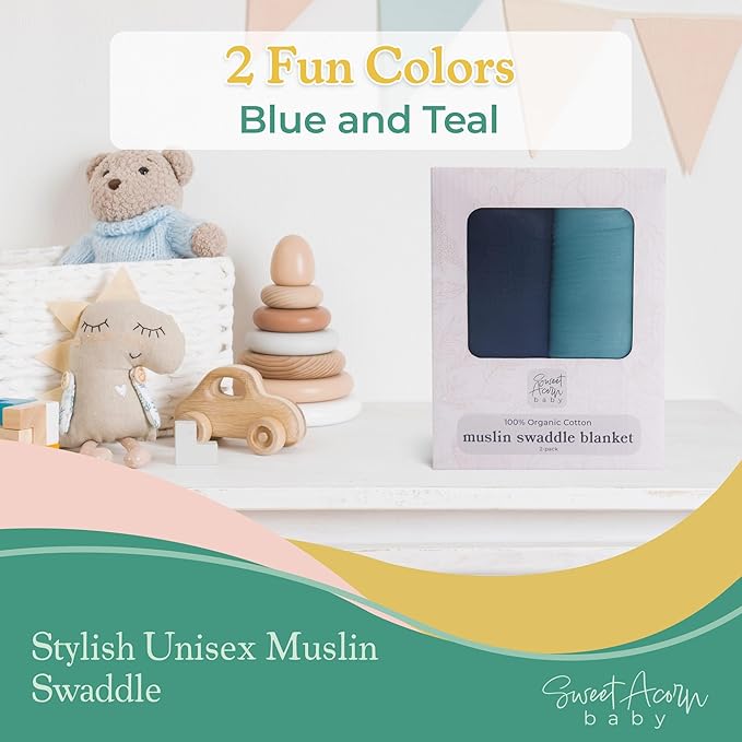 Sweet Acorn Muslin Swaddle Blanket – Soft Cotton Muslin Baby Blanket for Newborns, Infants, and Toddlers, All-Season Comfort Baby Essential - Blue, Teal