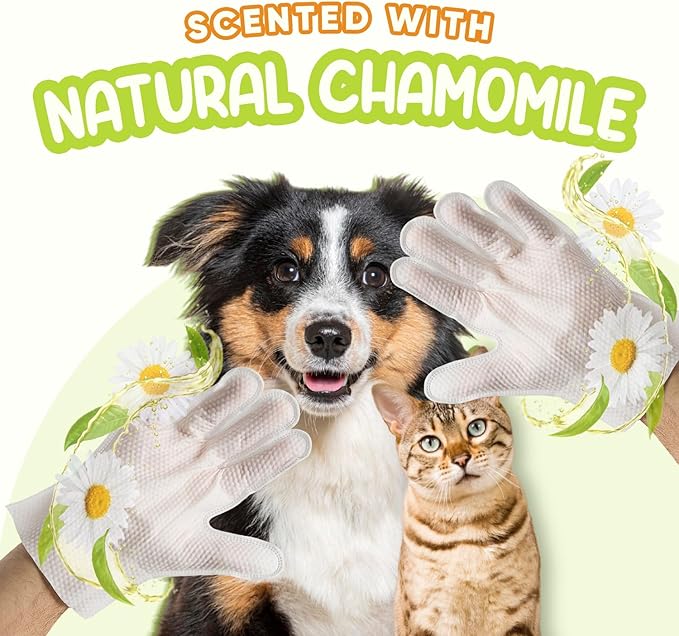GoEcoVita Pet Glove Wipes for Dogs & Cats | Nourish & Clean Fur & Skin | Coconut Oil & Chamomile Rinse-Free Wipes | Bathing Glove Wipes for Daily Care and Travel | Natural, Hypoallergenic (8 Pack)