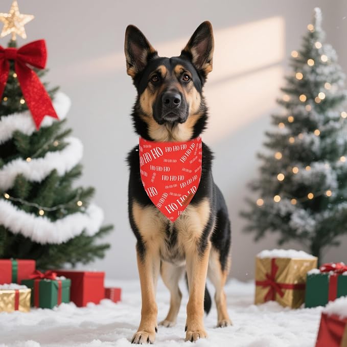 PTDECOR Christmas Dog Bandana, HOHO Santa Design Reversible Holiday Pet Scarf, Premium Durable Fabric, Red Green Triangle Christmas Bandanas for Medium Large Dogs Pets (Large)