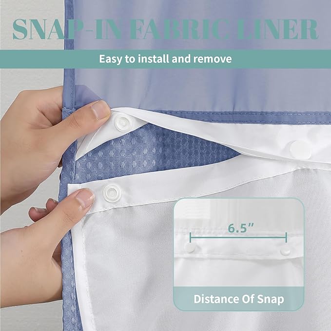 eachope MoonLightBlue Extra Long No Hook Waffle Weave Shower Curtain with snap-in Liner Replacement, 230GSM Waterproof Fabric Hotel Shower Curtain Set for Bathroom, Through Mesh Top Window,71Wx86H