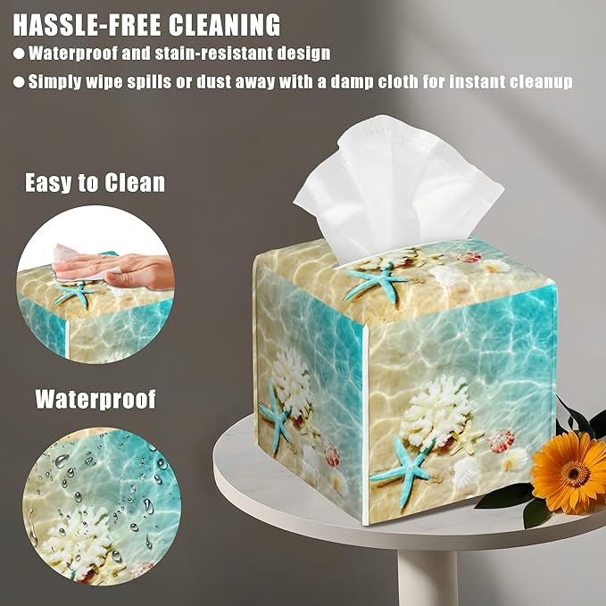 BLYKVGHQ Summer Beach Leather Tissue Box Holder Starfish and Seashell Tissue Box Cover Facial Paper Case Organizer Cube Napkin Dispenser for Bathroom Vanity Countertop Night Stand Office Car