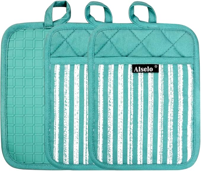 Silicone Pot Holders Set of 3 Heat Resistant & Non Slip Potholders, Professional Oven Hot Pads with Pockets Mitts for Kitchen Cooking Baking Barbecue