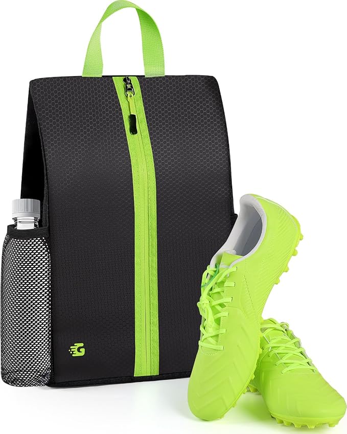 GLORIEROO Smell Proof Shoe Bags for Travel-Soccer Cleat Bag Smell Proof with Active Carbon Fabric | Odor-Absorbing Water-Resistant Track Shoe bags for Sports (Black with Green, UP TO US14)