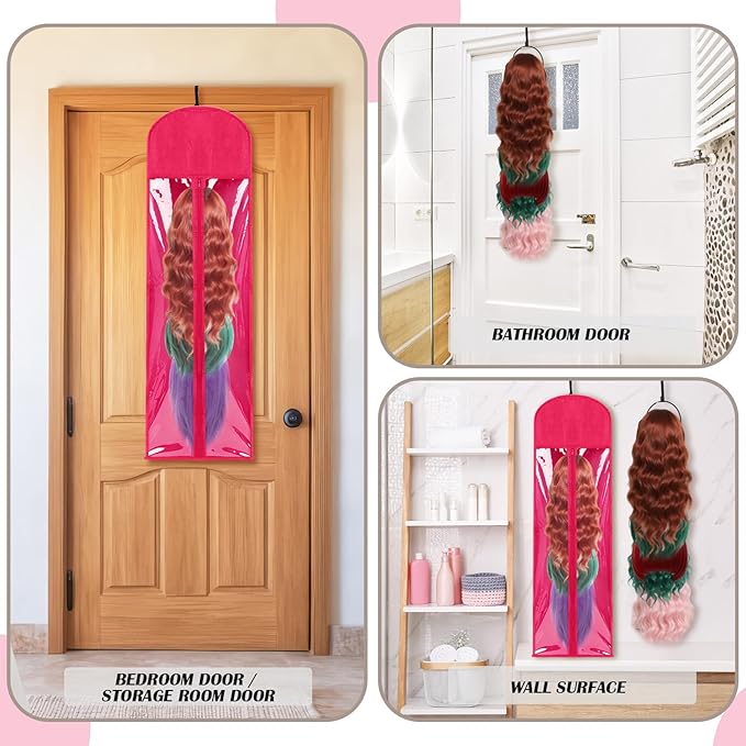 Blulu 10 Pcs 10 Pcs Wig Hangers Rack for Multiple Wigs with Dust-proof Storage Bags, Hanging Storage Organizer for Hat with Anti-slip Grips Space Saving for Door Wall Closet Bathroom (Hot Pink)
