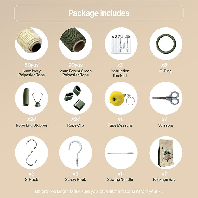 LET BE Macrame Kits for Beginners, 3 Set of Plant Hangers DIY Kit: Braided Polyester Ropes 50yds*5mm Ivory, 20yds*2mm Forest Green, 60+Pcs Supplies with Step-by-Step Easy Instructions (IVGR)