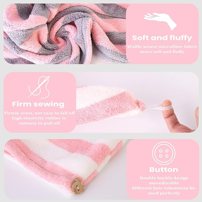 YHPDYL 3 Pack Microfiber Hair Towel Wrap for Women, Fast Drying Hair Turban with Button, Anti-Frizz Large Hair Towel for All Hair Styles, Soft & Absorbent Hair Drying Towel