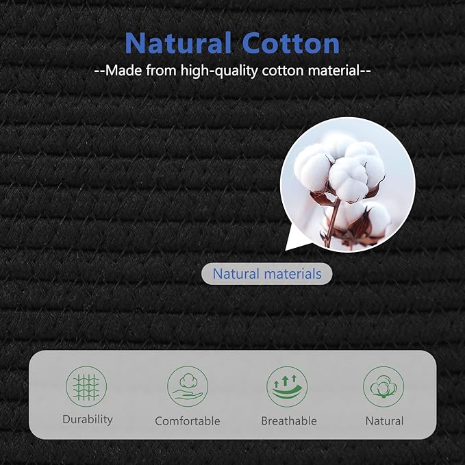 ECDYQXVU Cotton Rope Basket, Storage Baskets with Handle, 15x10x9 Inch Woven Basket for Shelves, Laundry, Towels, Clothes, Books, (Black 3Pack)