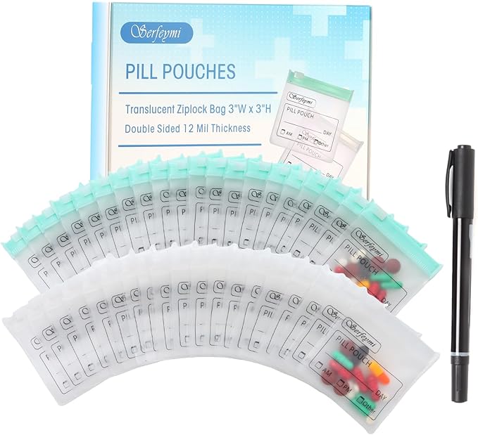 Serfeymi 72 Pcs Pill Pouch Bags for Travel Reusable Plastic Bags 3"x3" 12 mil (Double Sided) Translucent Zipper Pill Pouches for Medicine with Slide Lock & Writable Label, 1x Marker-Green+White