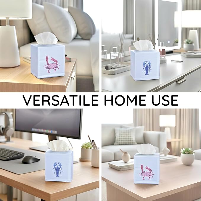 EmbroideryLinen.VN Tissue Box Cover Set of 2, Square Linen Tissue Holder, Printed Animal Pattern, 4.5x4.5x5.5 Inches, Decorative Holder for Bathroom, Living Room, Office (Lobster & Crab)