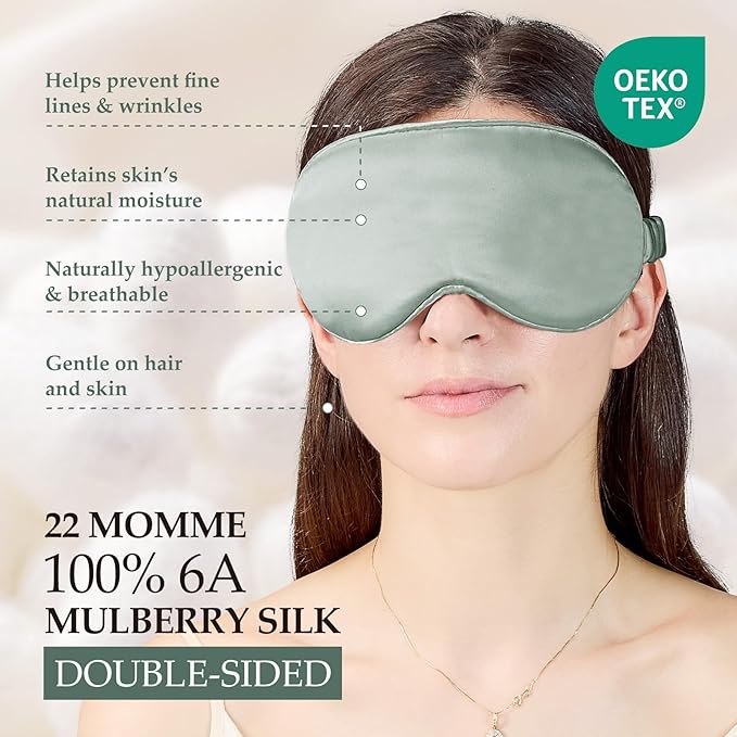 SGMSILK 100% Mulberry Silk Sleep Mask for Unisex, 22 Momme 3D Silk Contoured Eye Mask, Breathable Light Blocking Blindfold with Adjustable Strap, Blackout Eye Cover for Travel, Grayish Green