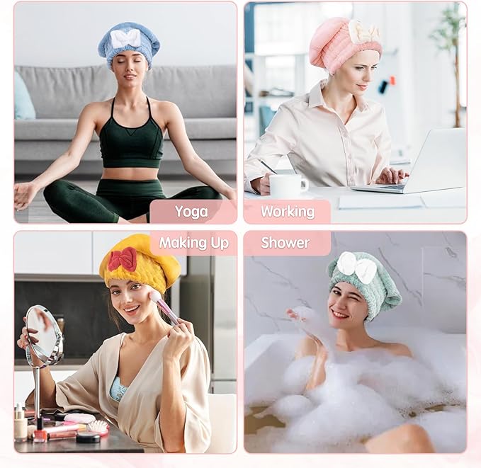 Kldnkig Microfiber Hair Drying Caps, 5-Pack Extra Soft and Ultra Absorbent Fast-Drying Hair Turban Wraps, Shower Caps for Girls and Women with Cute Bowtie Design（11" L x 10" W）