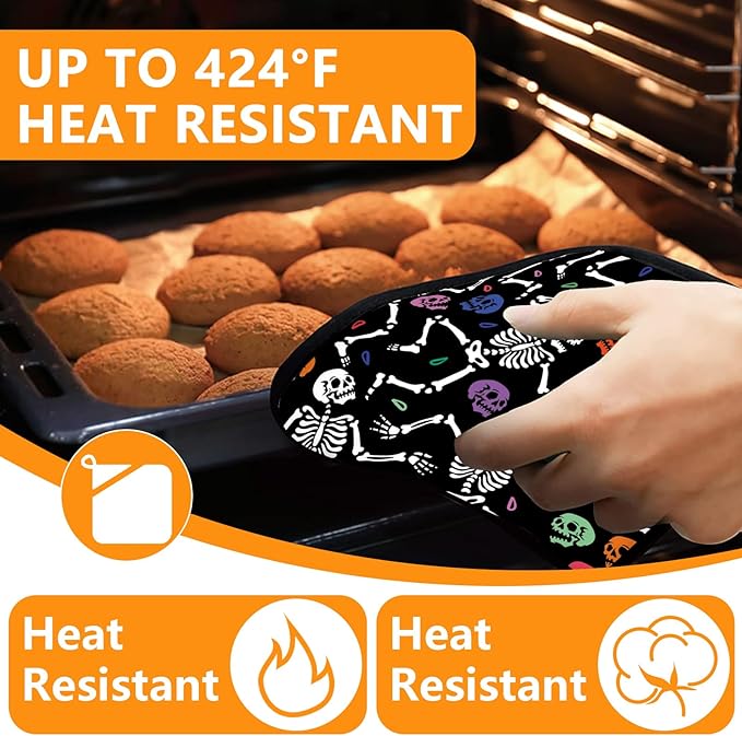 Skeleton Oven Mitts and Pot Holders Sets 4Pcs,Extra Long Oven Gloves Potholder for Kitchen Cooking Baking BBQ 100% Cotton Heat Resistant