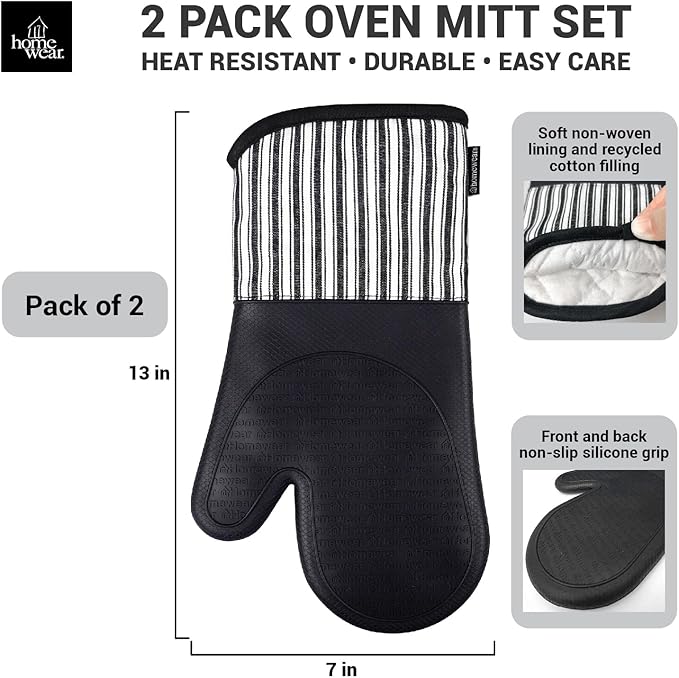 Homewear Marlow Silicone Extra Long Oven Mitt 2 Piece Set, Heat and Slip Resistant, Recycled Cotton with Soft Lining, Thick Kitchen Gloves for Cooking, Black