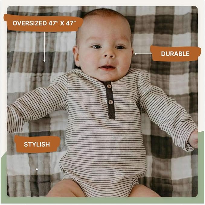 Parker Baby Muslin Blanket | 100% Soft Cotton Toddler Quilt & Baby Muslin Swaddle | Gender Neutral Design 47" x 47" Blanket