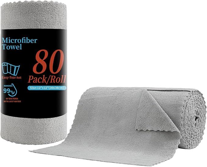 Tigona 80 Pack Microfiber Cleaning Cloth Roll,Lint Free Rags & Tear Away Reusable Towels Washable Scratch,Ultra Absorbent Dish Rags(12" x 12") for Car Kitchen Home Garage-Light Gray