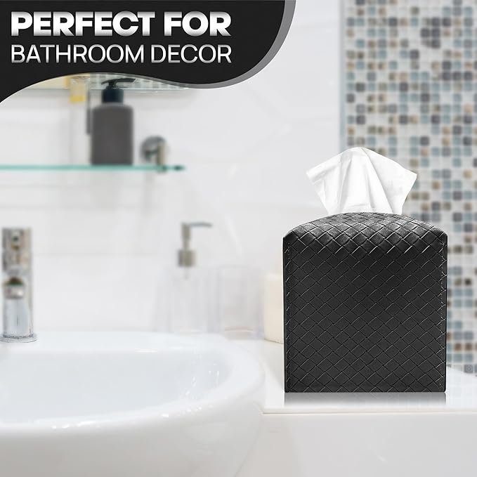 Tissue Box Cover Holder, PU Leather Tissue Box Cover with Braided Pattern, Square Tissue Holder with Bottom Belt, Modern Organizer for Bathroom, Car, Office, Tabletop(Black., 12 Braided Patterns)