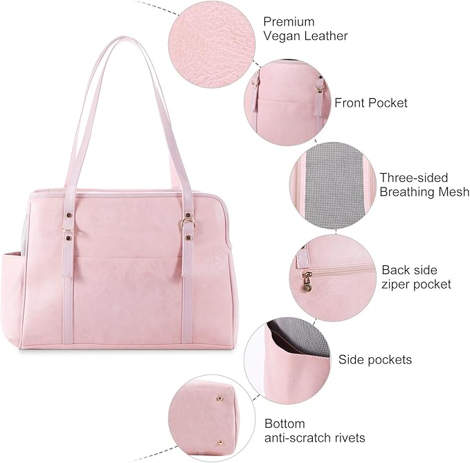 Lasaviin Dog Carrier Purse, Fashion Leather Pet Carrier with Pockets, Airline Approved Soft Sided Dog Carrying Bag for Puppy Cat Dog Pink