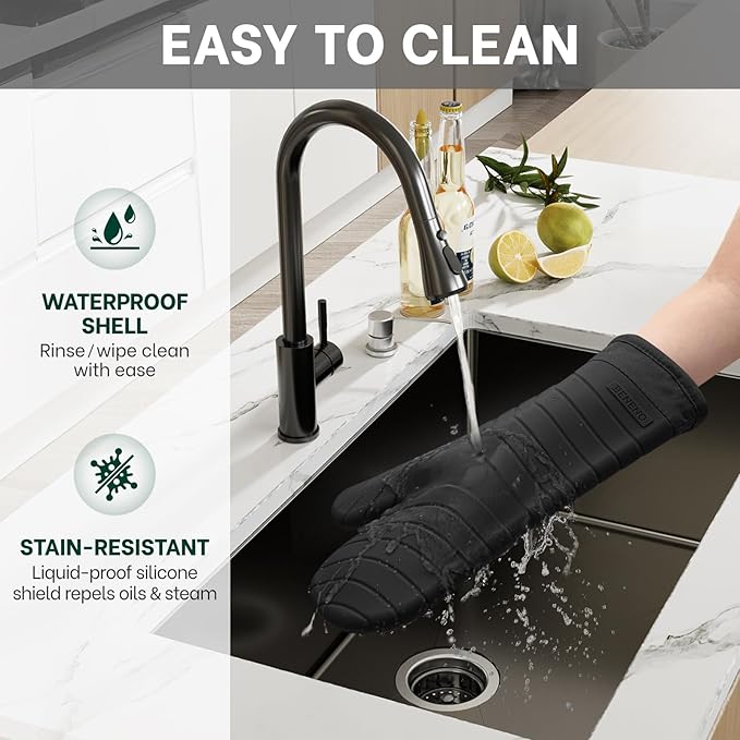Beneno Heat Resistant Silicone Oven Mitts BPA-Free, Non-Slip Textured Grip & Quilted Cotton Lining, Waterproof Kitchen Mitt 2-Pack Set, 7"x13", Black