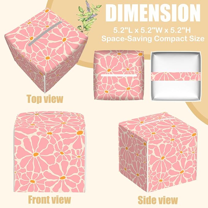 BLYKVGHQ Pink Retro Groovy Flower Tissue Box Cover Square, Tissue Box Holder with Bottom Belt Leather Facial Paper Organizer Dispenser for Bathroom Bedroom Dresser Night Stand Tabletop