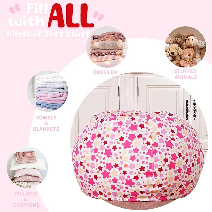 WEKAPO Stuffed Animal Storage Bean Bag Chair Cover for Kids | Stuffable Zipper Beanbag for Organizing Children Plush Toys Large Premium Cotton Canvas (Small Star, X-Large)