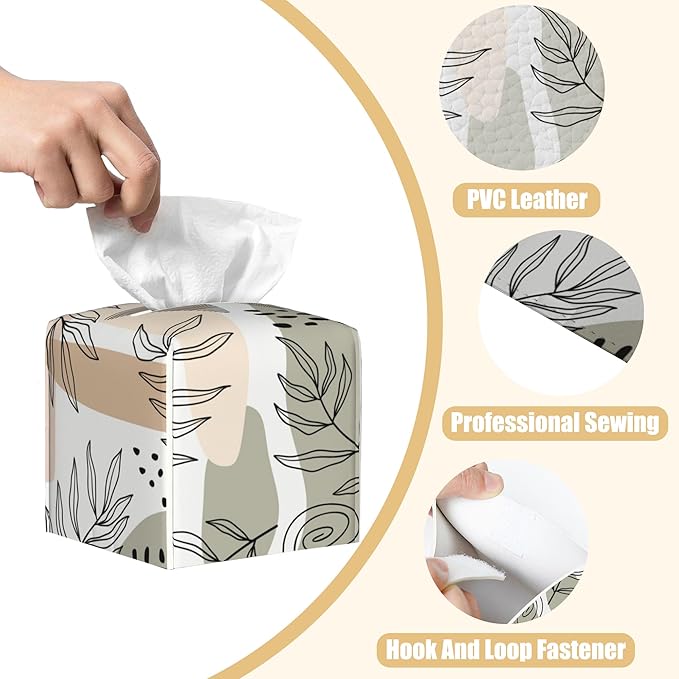 BLYKVGHQ Square Tissue Box Cover Boho Tropical Leaves Tissue Box Holder Facial Cube Paper Dispenser Leather Decorative Organizer Home Office Desk Decor, 5.2"x5.2"x5.2"