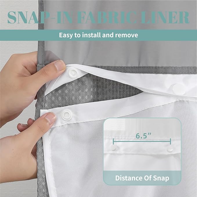 eachope Grey No Hook Waffle Weave Shower Curtain with snap-in Liner Replacement, 230GSM Waterproof Fabric Hotel Shower Curtain Set for Bathroom, Through Mesh Top Window,71Wx92H