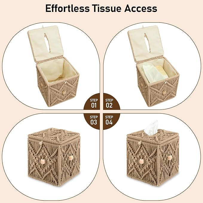 KaloKalo Handmade Tissue Box Cover Decorative Macrame Boho Square Tissue Holder Cotton Rope Woven Napkin Facial Paper Organizer Bohemian Desk Storage Container with Buckle Wood Beads (Khaki)
