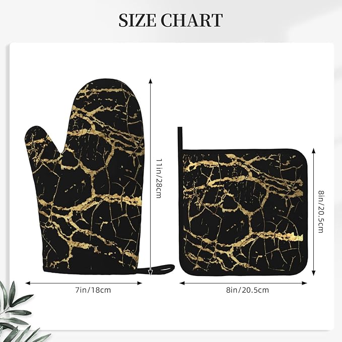 Oven Mitts and Potholders Black Marble Silicone Glove Heat Resistant, Kitchen Gloves for Cooking, 2-Piece Set