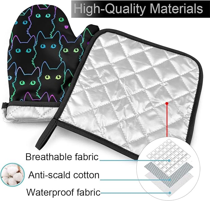 Cute Cat Silhouettes Oven Mitts and Pot Holders Insulated Gloves & Kitchen Counter Safe Mats for Cooking BBQ Baking Grilling (2-Piece Set)