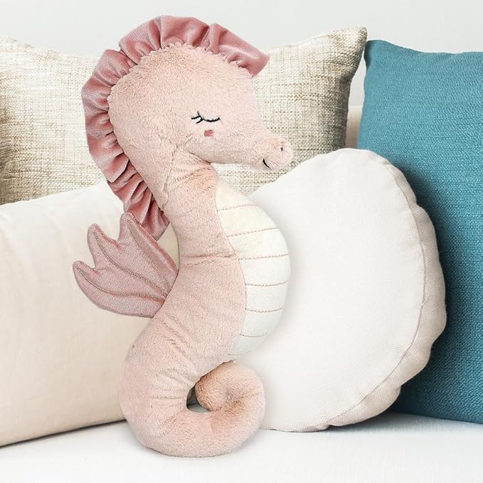 MON AMI Pink Seahorse Shaped Decor Pillow – 18x8”, Decorative Accent Throw Pillow, Ocean Stuffed Animal Plush for Nursery