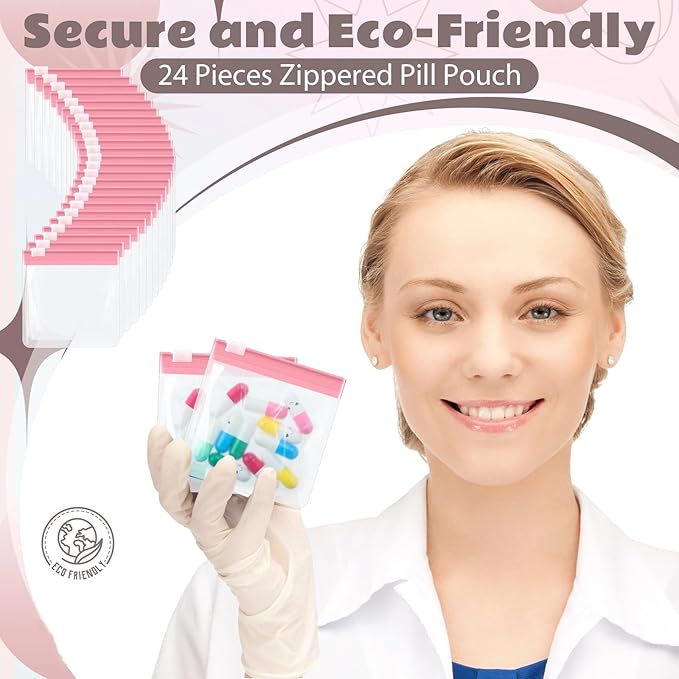 24 Pieces Pill Pouch Bags Zippered Pill Pouch Set Reusable Translucent Medicine Organizer Self Sealing Medicine Bag Travel Plastic Pill Bags with Slide Lock Pill Baggies for Pills (Light Pink)