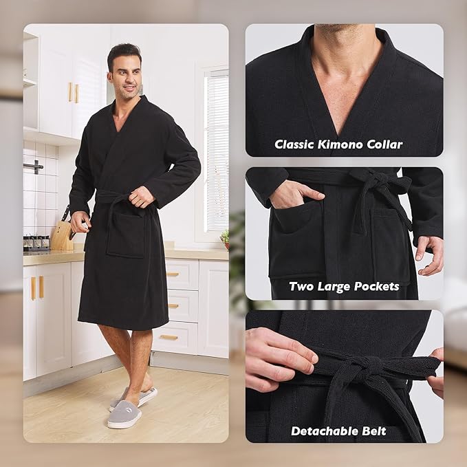 FashGudim Terry Cloth Robes for Men Big and Tall Short Mens Kimono Robe Super Absorbent Spa Bathrobe Calf Length With Pockets