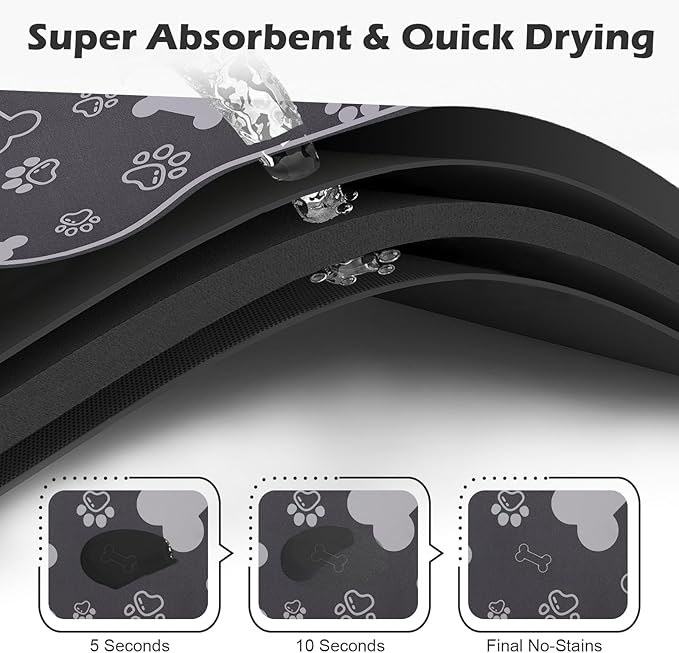 Dog Cat Food Mat,Rapid Absorbent Pet Feeding Mat, Bone Shaped Dog Placemat Water Bowl Mat with Rubber Backing,No Stains Dog Cat Food Mats Indoor, Pet Accessories Supplies 12"x18" Dark Grey