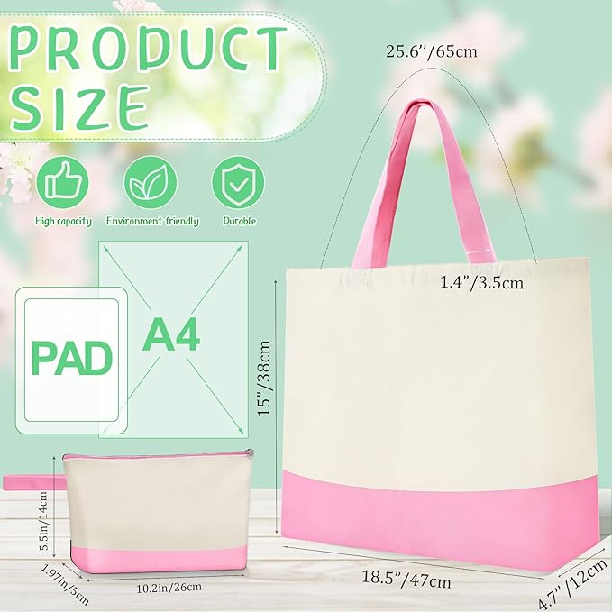 Sanwuta Canvas Tote Bags Bulk with Zipper Cosmetic Pouch 18.5" Reusable Cotton Shopping Bag with Handle for DIY Craft