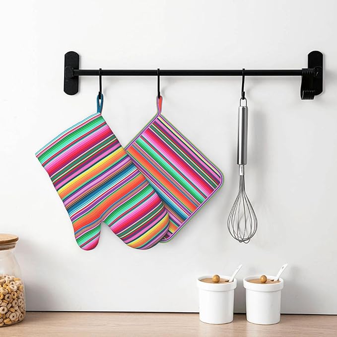 Mexican Colorful Stripe Oven Mitts Pot Holders Set Silicone Vertical Lines Bright Colors Kitchen Oven Mitts Heat Resistant Potholders Non-Slip 4pcs Hot Pads and Oven Gloves Sets for BBQ