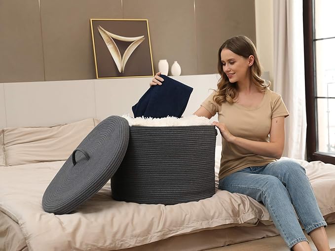 Cottonphant 20" x 20" x 15" Extra Large Storage Basket with Lid, Cotton Rope Storage Baskets, Laundry Hamper, Cloth Bin, for Clothes Towels Blankets Pillows Storage in Living Room, All Dark Grey