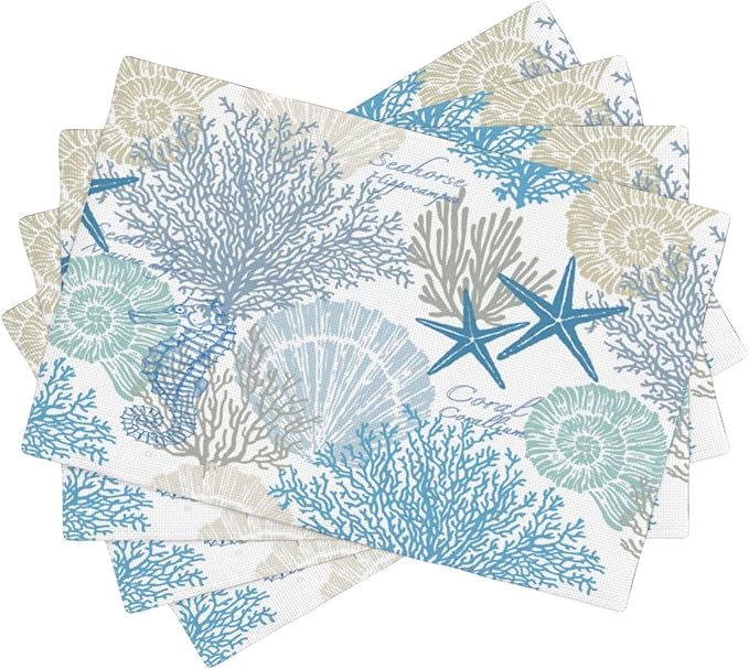 Starfish Placemats, Watercolour Summer Blue Underwater Coral Seashells Starfish Seahorse Sea Animals Print Washable Fabric Placemats Table Kitchen Dining Party 12x18 Inch Set of 4