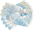 Starfish Placemats, Watercolour Summer Blue Underwater Coral Seashells Starfish Seahorse Sea Animals Print Washable Fabric Placemats Table Kitchen Dining Party 12x18 Inch Set of 4