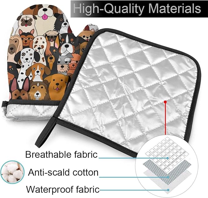 Cute Dogs Oven Mitts and Pot Holders Insulated Gloves & Kitchen Counter Safe Mats for Cooking BBQ Baking Grilling (2-Piece Set)