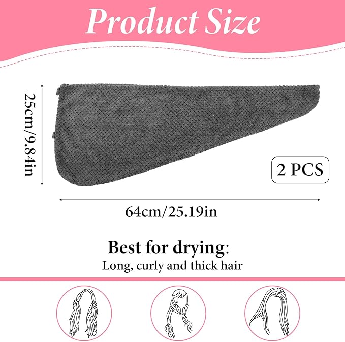 Azefnuhk 2 Pack Hair Towel Wrap for Women, Super Absorbent Quick Dry Hair Turban, Large Hair Drying Towel with Button for All Style Anti Frizz, Bathroom Must-Have for Ladies (Gray, Camel)