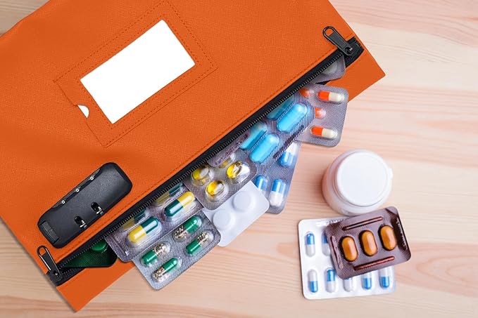 GIDABRAND Medicine Bag with Lock | 12x8 Inch Med Bag | Medication Bag for Traveling | Small Medication Travel Bag | Kids Medicine Bag | Pills Locking Zipper Pouch Storage Case Organizer (Orange)