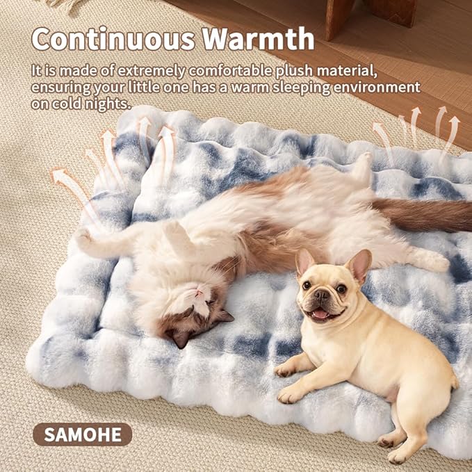 SOMAHE Cat Bed Ultra Soft Plush Machine Washable Pet Mat with Non-Slip Rubber Bottom for Indoor Cats & Dogs Faux Fur Cushion Pad for Floor Couch Carrier for Kittens & Puppies 23 x 15 Inch Medium Blue