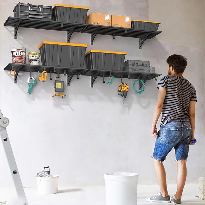 Jusgym 4-Pack 1.5x4ft Garage Shelving Wall Mounted, 1.5 x 4' Heavy Duty Garage Storage Shelves with Hooks, 800LB Capacity