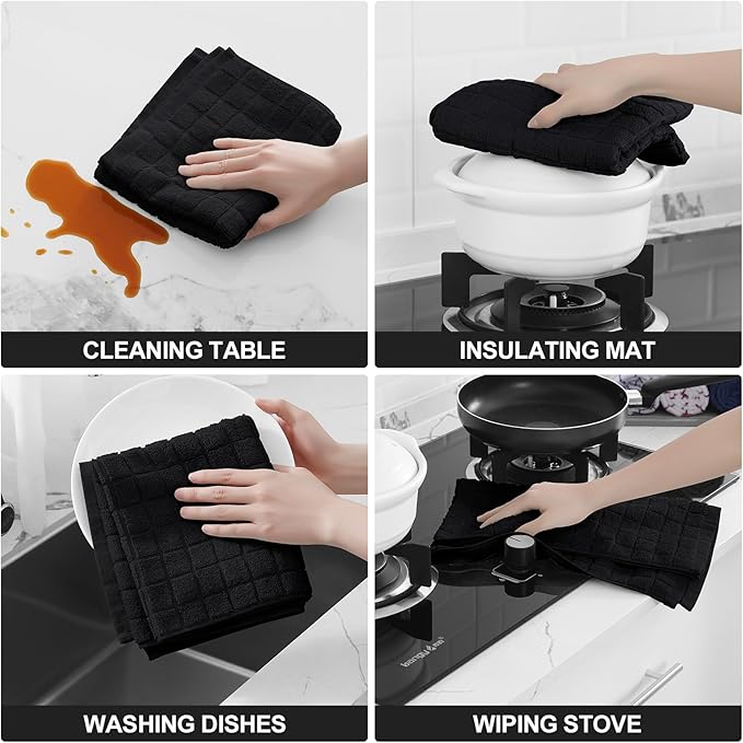 Homaxy Premium Cotton Kitchen Towels 16"x 28", Large Natural Ring Spun 390 GSM Dish Towels, Super Absorbent Terry Kitchen Hand Towels, Soft Tea Towels with Hanging Loop, Pure Black Design, 6 Pack