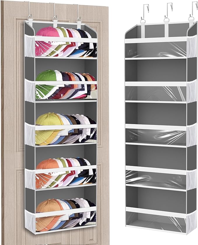 KYEVIS Over the Door Hat Organizer for Baseball Caps, Hold up to 60 Hats Rack Storage for Door/Closet/Wall, Clear Pockets Hanging Hat Holder for Baseball Caps with 10 Mesh Pockets, Grey