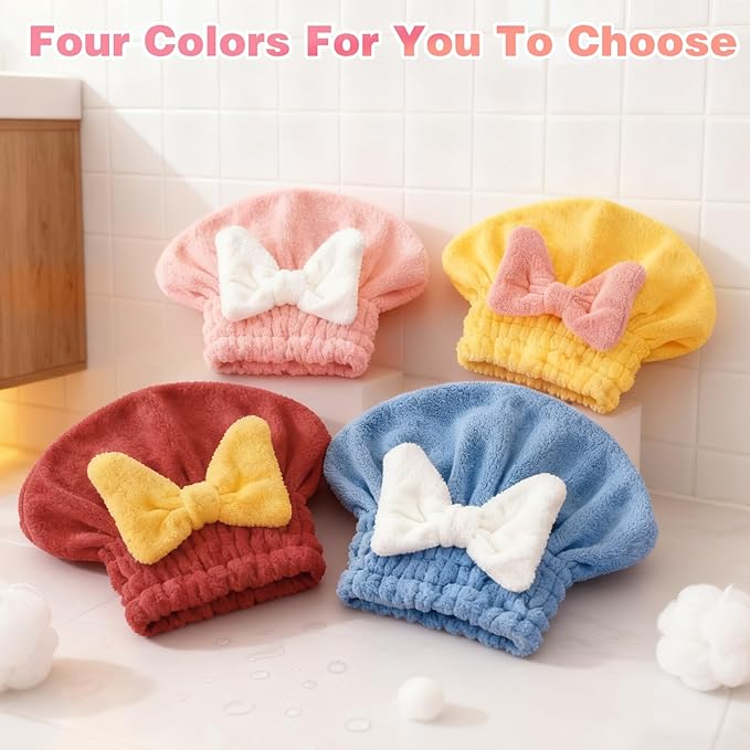 4PCS Super Absorbent Hair Towel Wrap for Wet Hair,Microfiber Hair Drying with Caps Bow Design,2026 New Fast Drying Hair Turban Wrap Towels Shower Cap for Girls and Women(Pink, Blue,Yellow,Red)