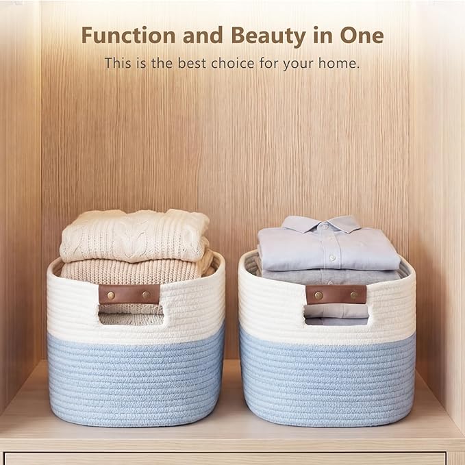 ECDYQXVU Cotton Rope Basket, Storage Baskets with Handle, 15x10x9 Inch Woven Basket for Shelves, Laundry, Towels, Clothes, Books (White/Blue 3Pack)