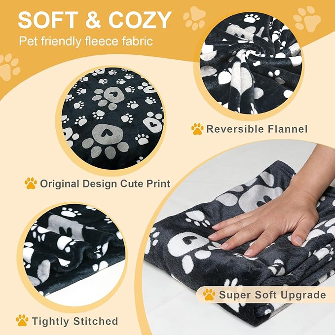 Gowyeg Dog Blanket, Soft Fleece Dog Blankets for Small Medium Dogs, Fluffy Flannel Pet Cat Puppy Blanket Mat Cover for Bed Couch, Cute Paw Print Throw Blanket for Dogs, Black, 40"X30"